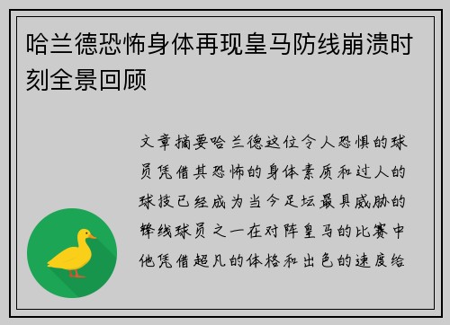 哈兰德恐怖身体再现皇马防线崩溃时刻全景回顾